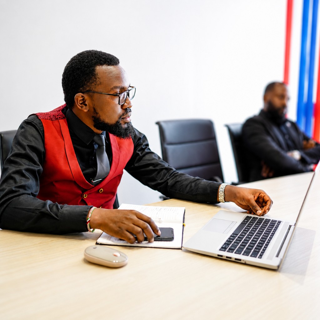 AfriPixel strategist at work on a laptop in a bright modern office